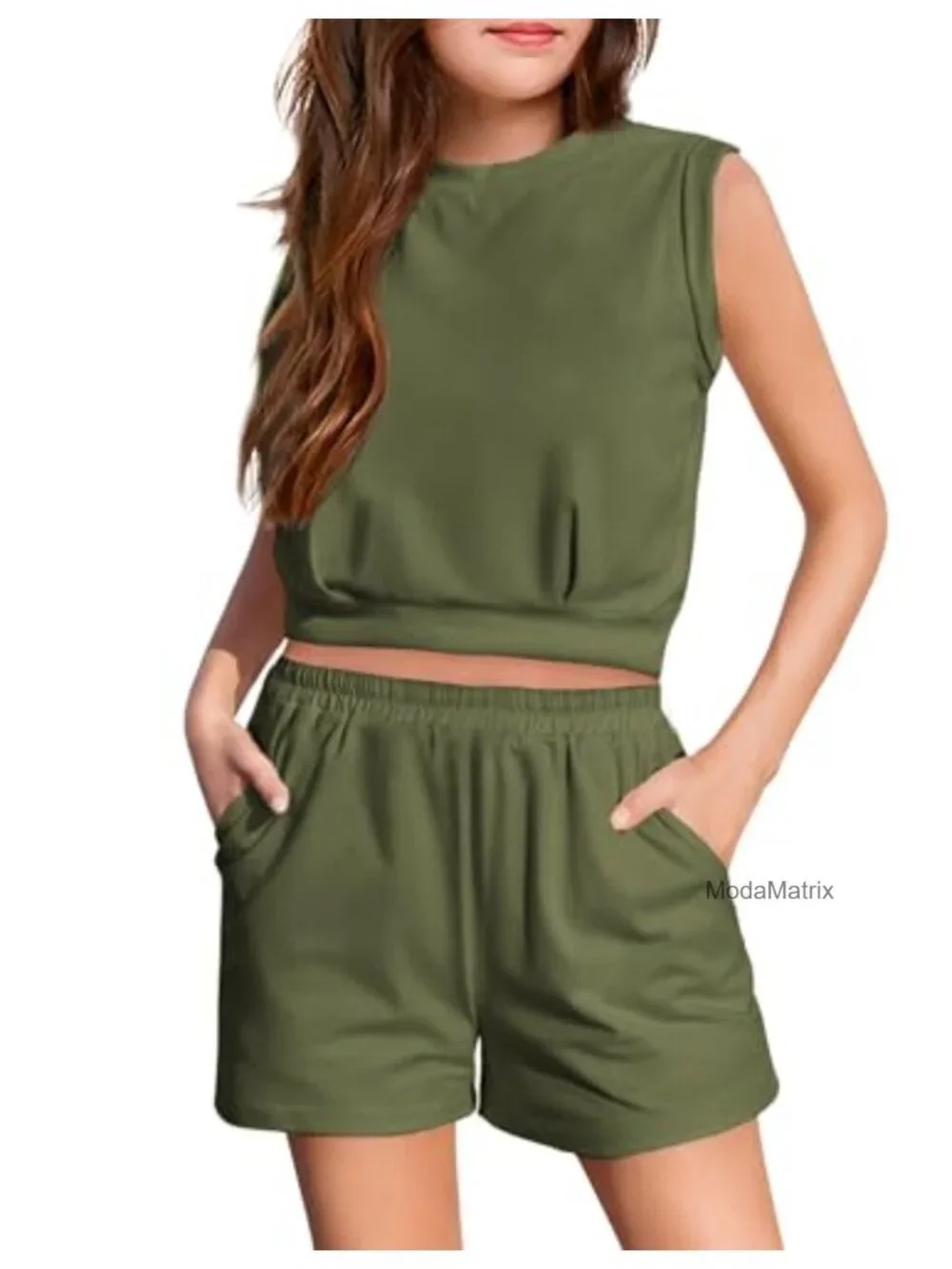Girls 2 Piece Short Set Sleeveless Tank Top High Waist Shorts with Pockets